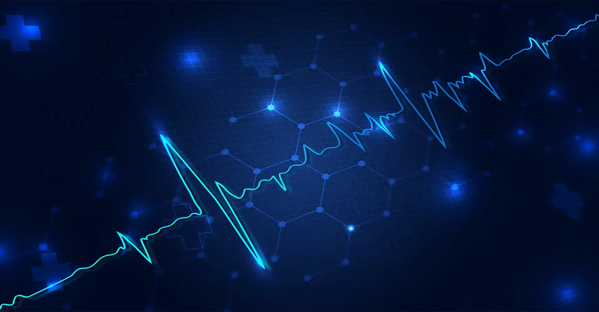 a dark blue digital illustration features an electrocardiogram ekg line zigzagging across the image symbolizing a heartbeat the background reminiscent of financial networks includes interconnected hexagons and blue glowing dots creating a futuristic and technological feel