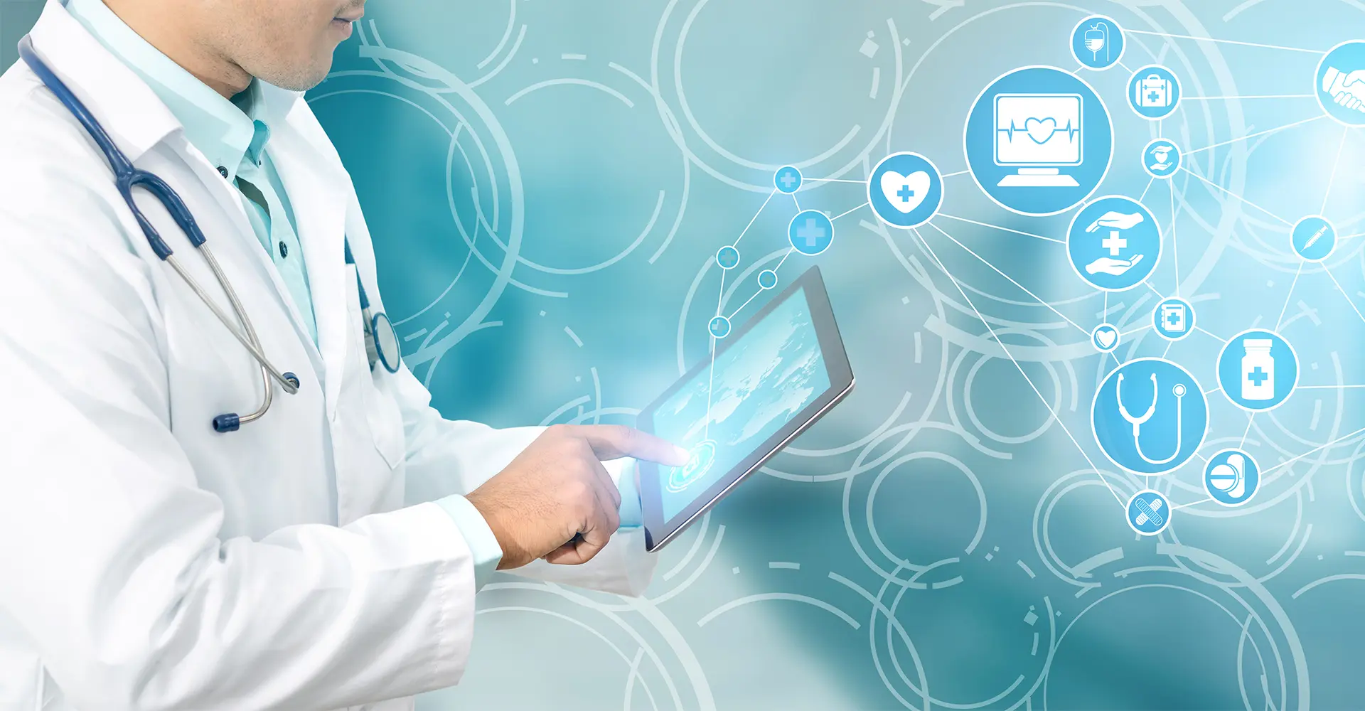 a doctor in a white coat touches a tablet screen surrounded by floating medical icons such as a stethoscope pill bottle and heart rate monitor the background features abstract circular designs with a blue gradient perfectly illustrating the dynamic interplay of modern healthcare and seo